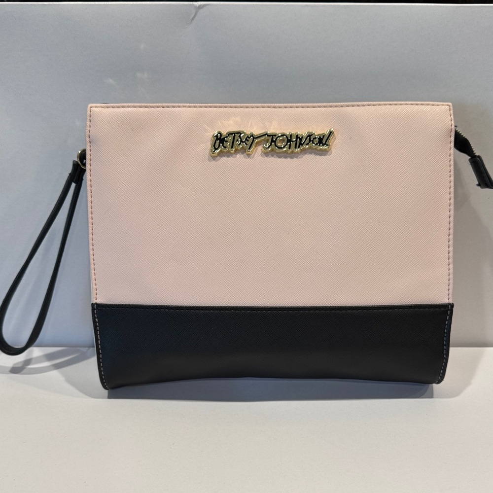 Betsey Johnson Pink and Black Colorblock large Wristlet or clutch with Gold Logo